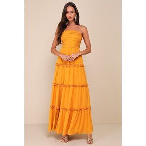 Lulus Extraordinary Aura Marigold Yellow Ruched Tiered Maxi Dress - Size M